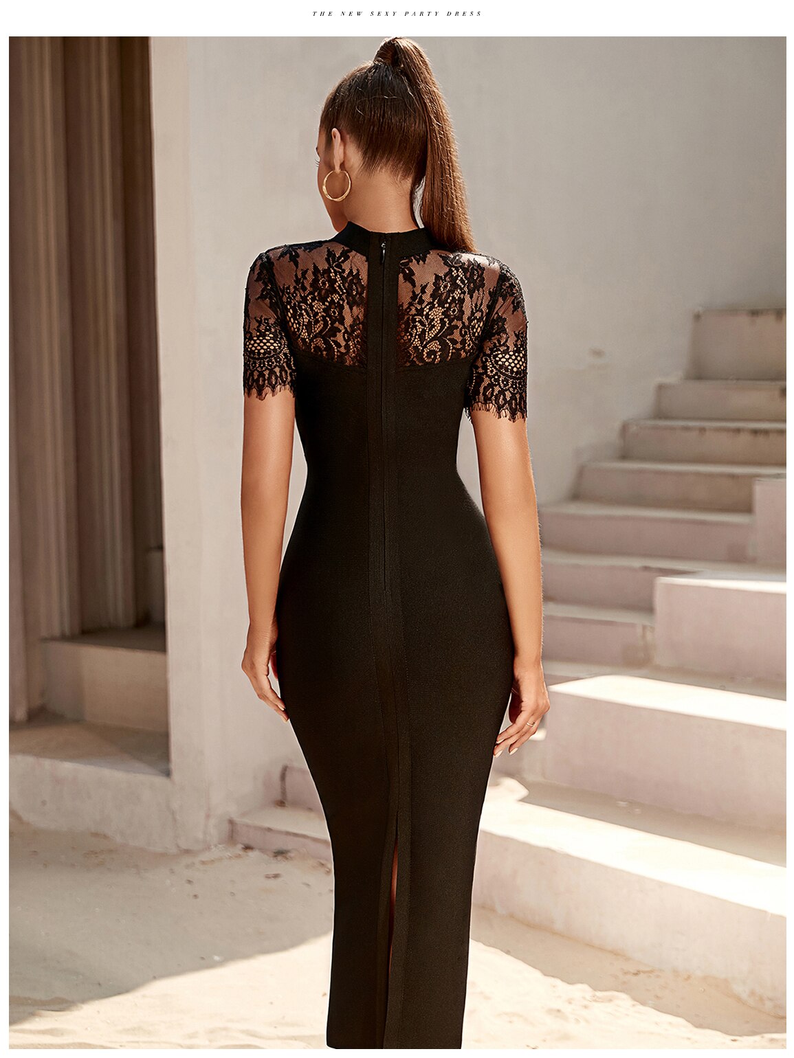 Black Lace Bodycon Bandage Dress Sexy Short Sleeve Party Dress Vestido - MERGE.DAY.1.FREESTYLE