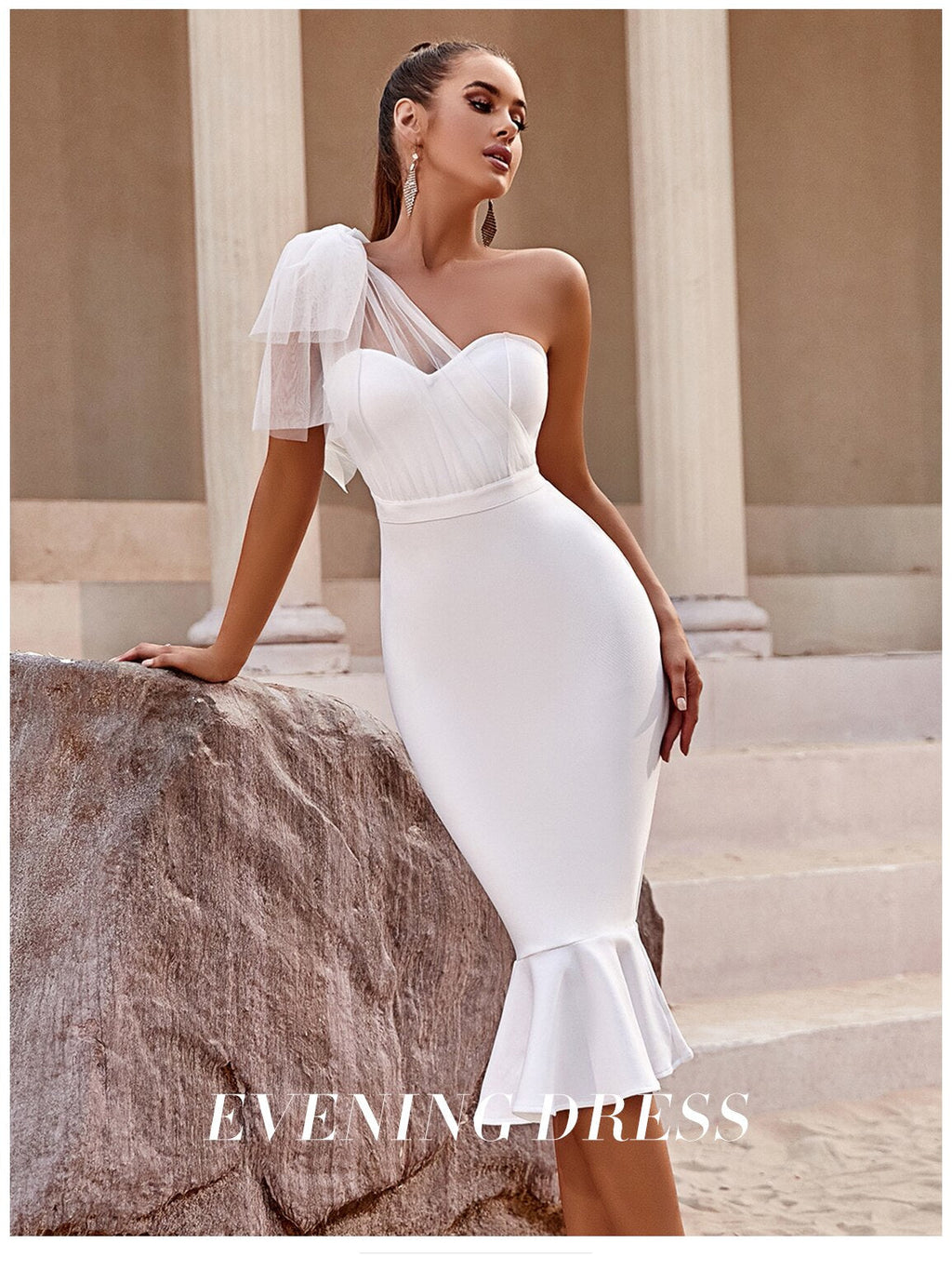 One Shoulder Bandage Dress For Women Mermaid Hem Bow Sleeveless Bodycon Vestidos - MERGE.DAY.1.FREESTYLE