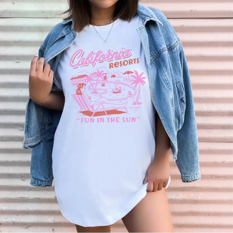 1pcs WHITE Tees Summer Casual Oversized Tee Best Surfing Santa Monica California Womens Retro Style - MERGE.DAY.1.FREESTYLE