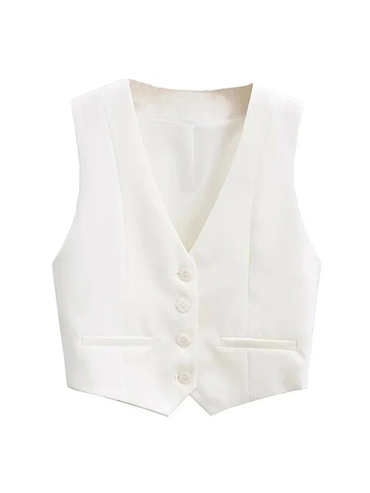 Vintage V Neck Sleeveless Female Outerwear White Chic Vests - MERGE.DAY.1.FREESTYLE