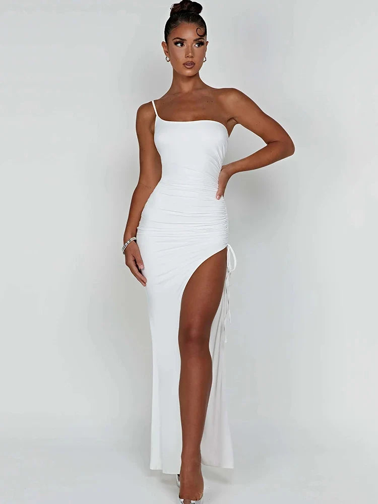 Drawstring High Slit Shoulder Slim Elastic Maxi Bodycon Dress - MERGE.DAY.1.FREESTYLE