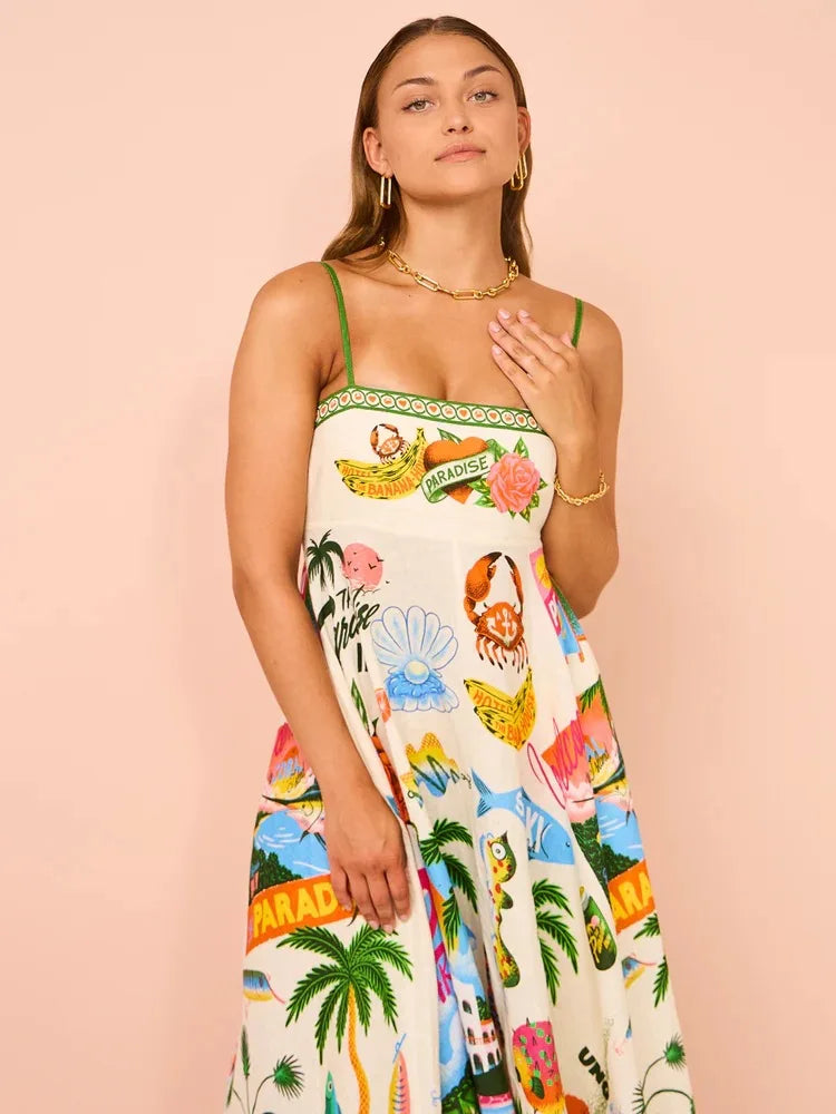 Beach Spaghetti Strap Long Dress Printed Backless Sleeveless Drawstring Dress - MERGE.DAY.1.FREESTYLE