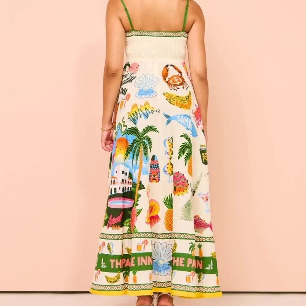 Beach Spaghetti Strap Long Dress Printed Backless Sleeveless Drawstring Dress - MERGE.DAY.1.FREESTYLE