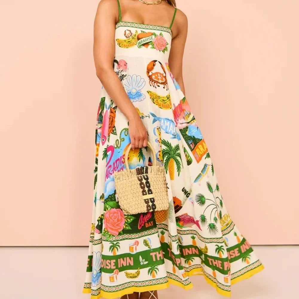 Beach Spaghetti Strap Long Dress Printed Backless Sleeveless Drawstring Dress - MERGE.DAY.1.FREESTYLE