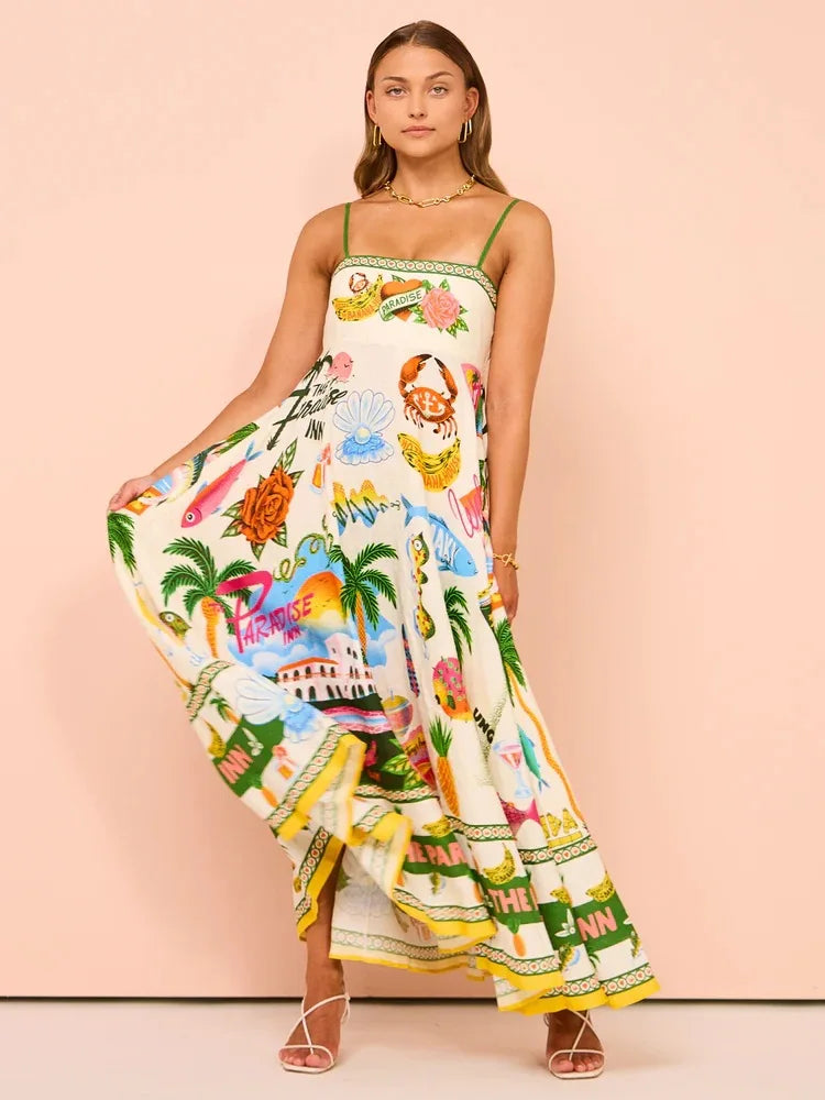 Beach Spaghetti Strap Long Dress Printed Backless Sleeveless Drawstring Dress - MERGE.DAY.1.FREESTYLE