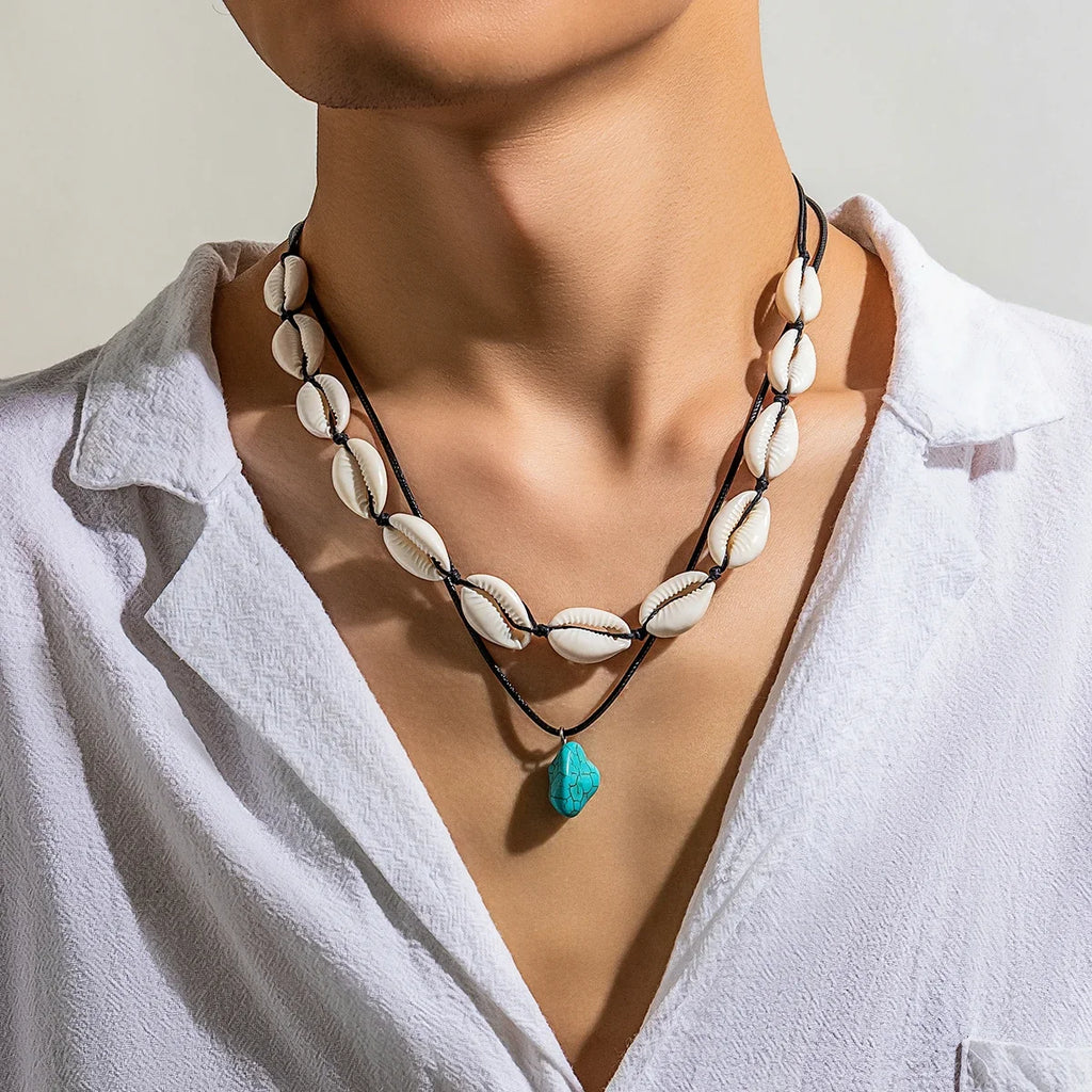 Summer Shell Choker With Stone Pendant Necklace - MERGE.DAY.1.FREESTYLE