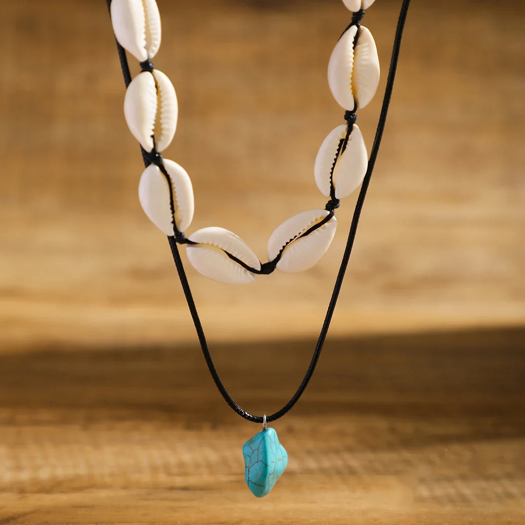 Summer Shell Choker With Stone Pendant Necklace - MERGE.DAY.1.FREESTYLE