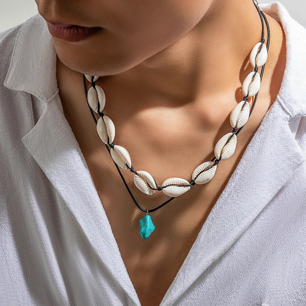 Summer Shell Choker With Stone Pendant Necklace - MERGE.DAY.1.FREESTYLE