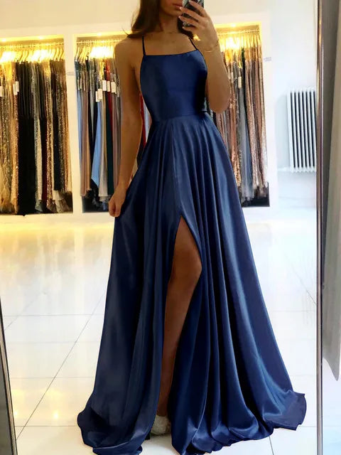 Burgundy Satin Beach Side Slit Adjustable Straps Evening Prom Dress - MERGE.DAY.1.FREESTYLE
