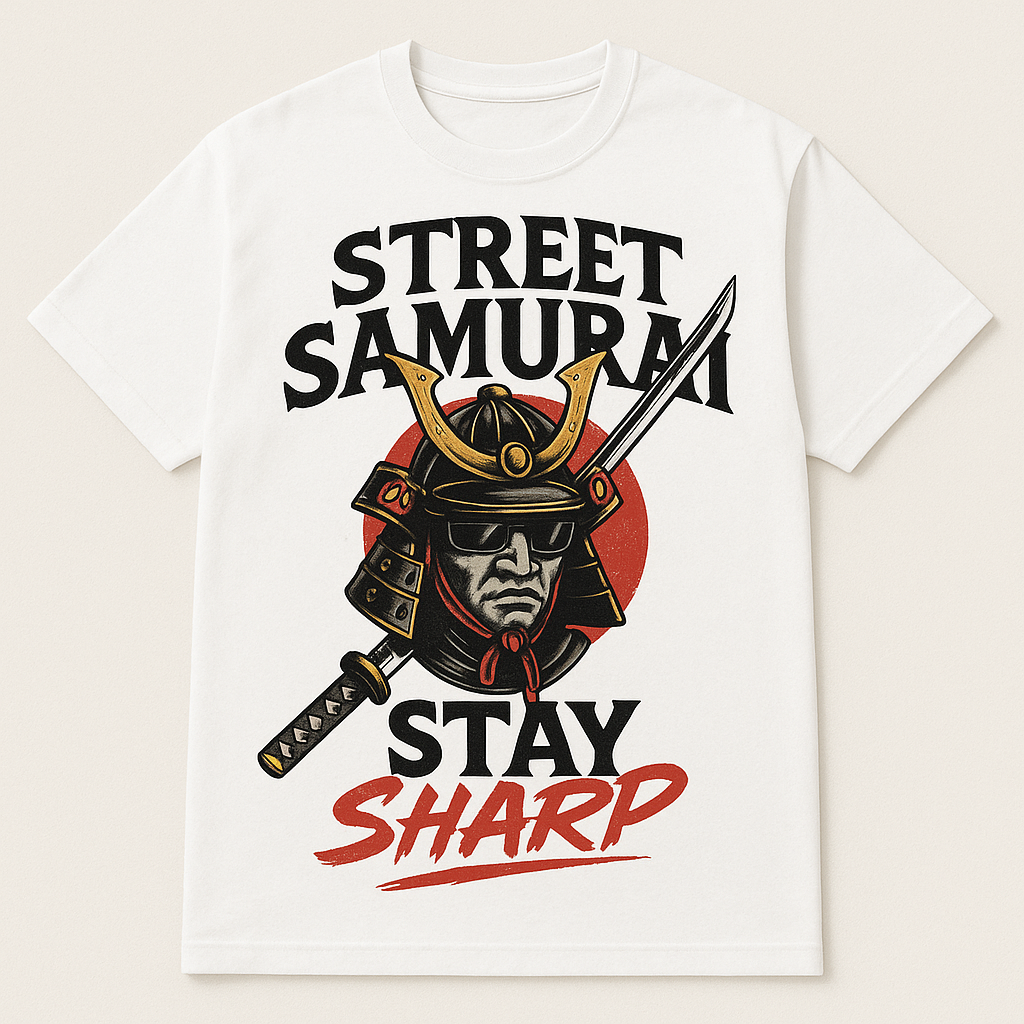 Street Samurai Graphic T-Shirt – Japanese Warrior Sword Design, White Cotton Tee - MERGE.DAY.1.FREESTYLE
