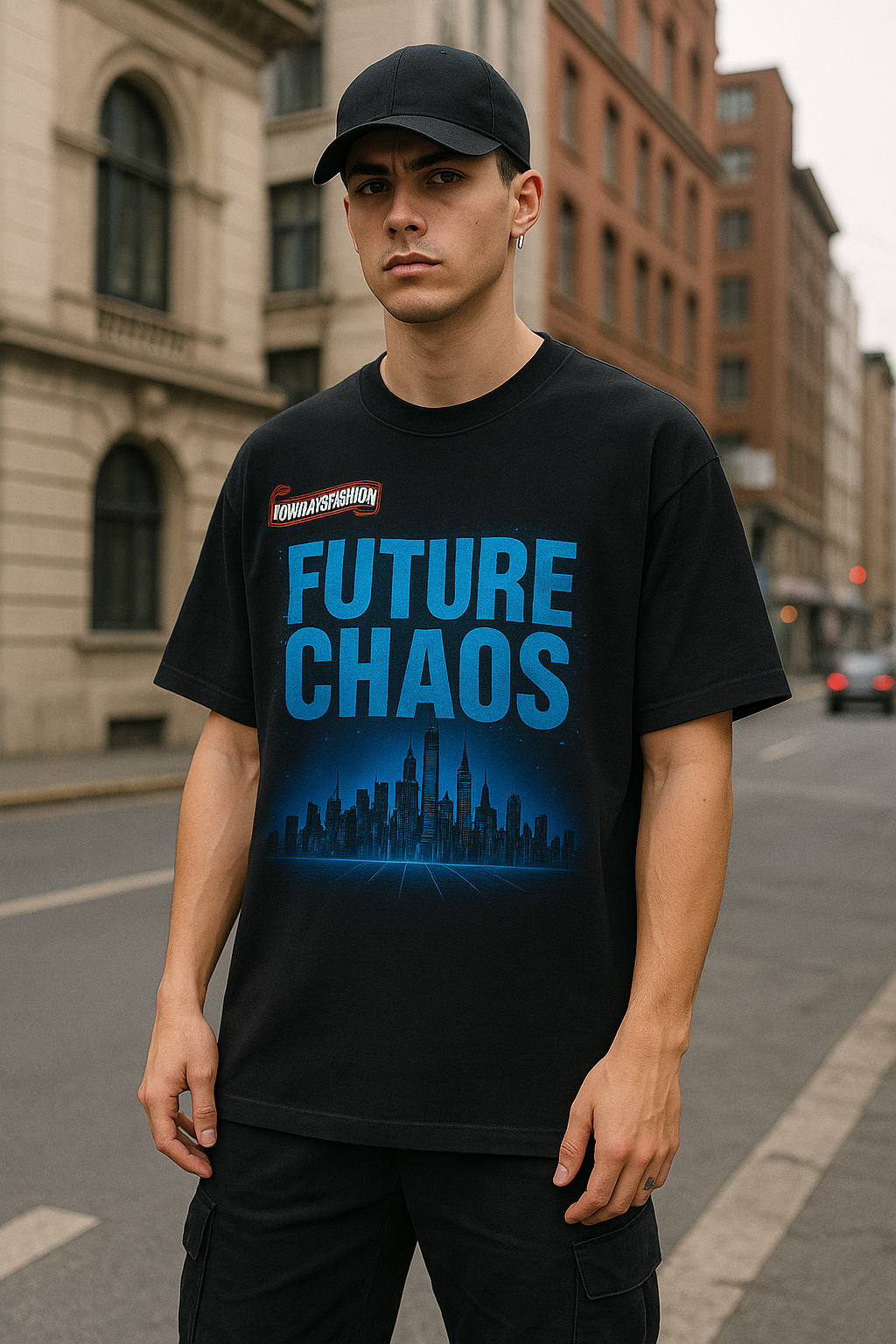 Men's Cyberpunk Graphic T-Shirt – FUTURE CHAOS Neon City Print Black Tee - MERGE.DAY.1.FREESTYLE