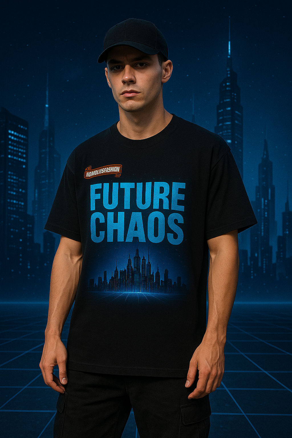 Men's Cyberpunk Graphic T-Shirt – FUTURE CHAOS Neon City Print Black Tee - MERGE.DAY.1.FREESTYLE