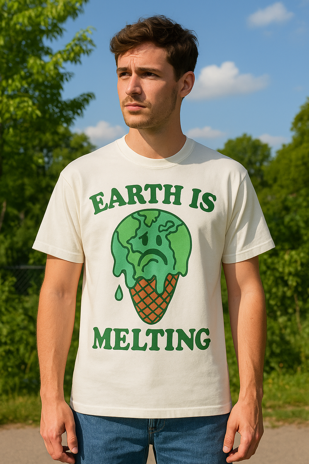 Unisex Eco Graphic T-Shirt – EARTH IS MELTING Sad Globe Ice Cream Print Tee - MERGE.DAY.1.FREESTYLE