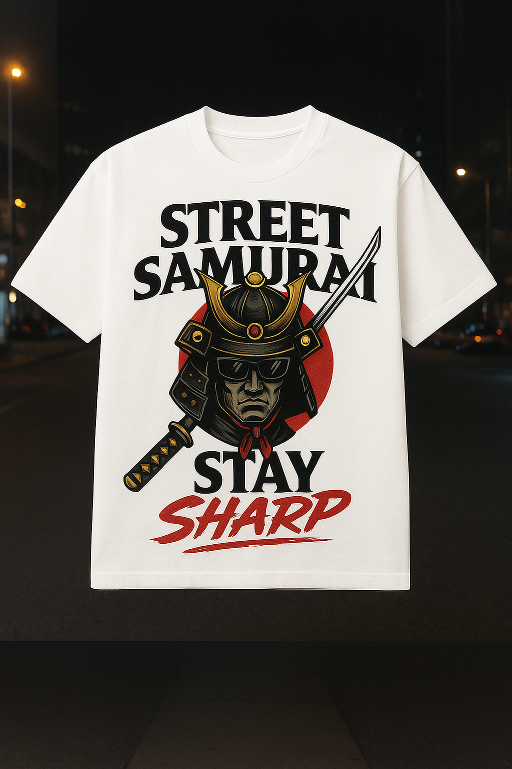 Street Samurai Graphic T-Shirt – Japanese Warrior Sword Design, White Cotton Tee - MERGE.DAY.1.FREESTYLE