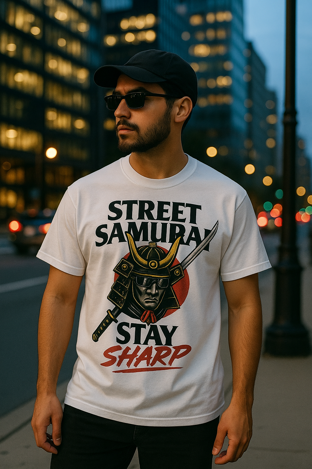 Street Samurai Graphic T-Shirt – Japanese Warrior Sword Design, White Cotton Tee - MERGE.DAY.1.FREESTYLE