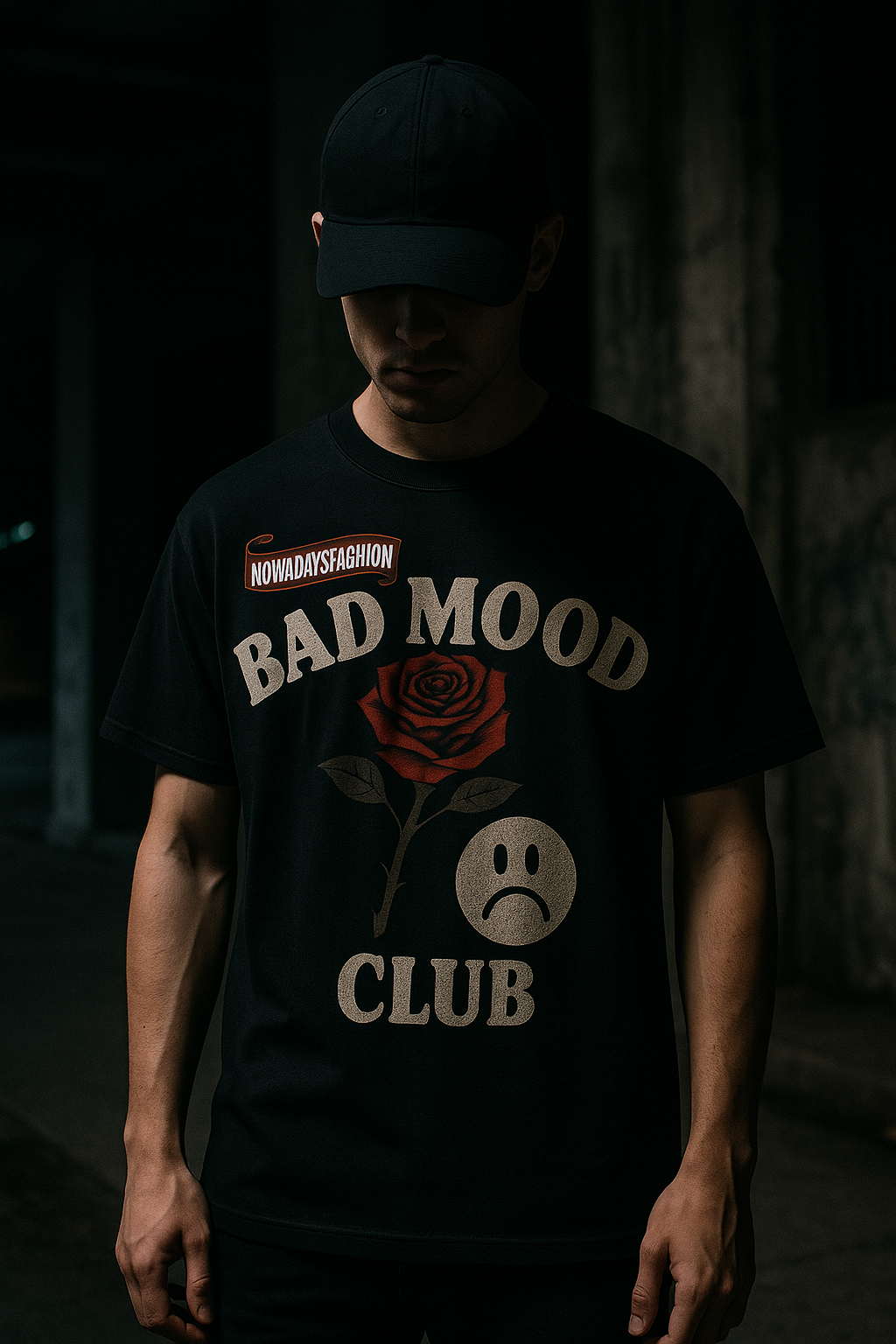 Unisex BAD MOOD CLUB Graphic T-Shirt – Sad Face & Rose Dark Streetwear Tee - MERGE.DAY.1.FREESTYLE