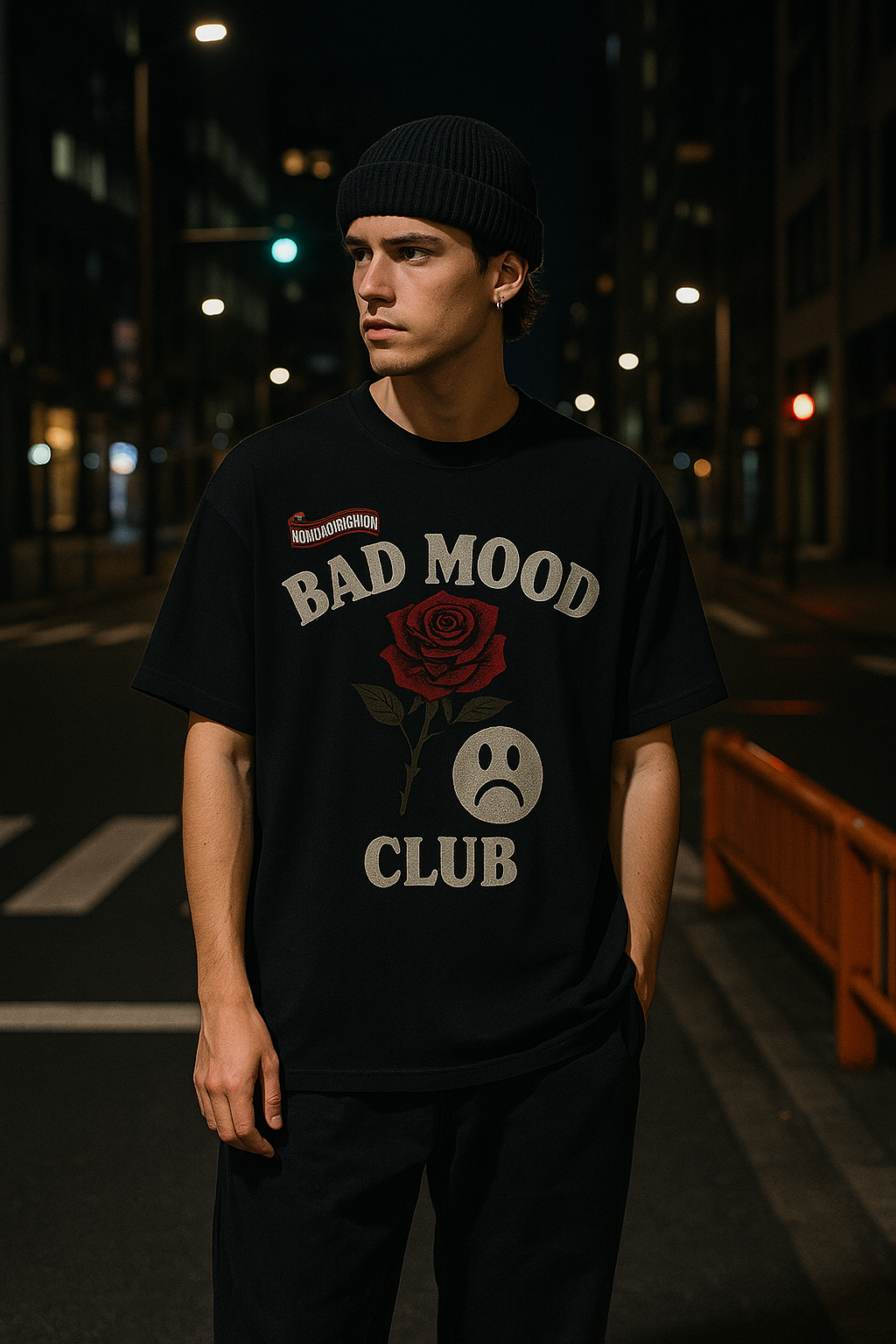 Unisex BAD MOOD CLUB Graphic T-Shirt – Sad Face & Rose Dark Streetwear Tee - MERGE.DAY.1.FREESTYLE