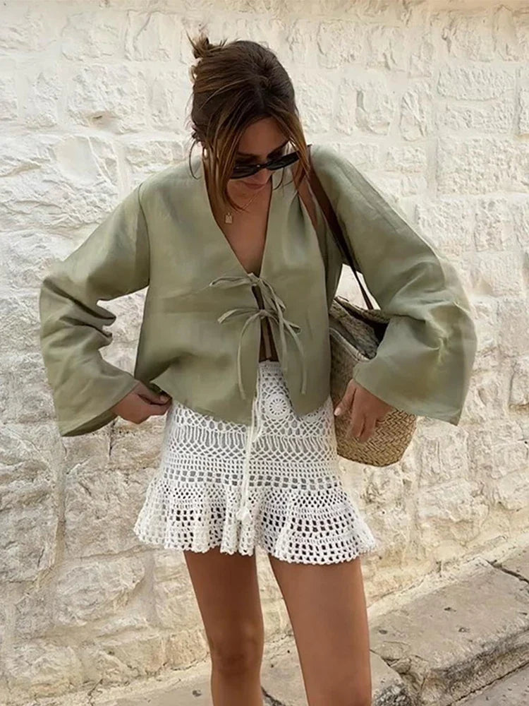 Cotton Linen Lace Up Bow Shirts Women Loose Hollow Out V Neck Long Sleeve Tops - MERGE.DAY.1.FREESTYLE