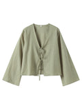 Cotton Linen Lace Up Bow Shirts Women Loose Hollow Out V Neck Long Sleeve Tops - MERGE.DAY.1.FREESTYLE