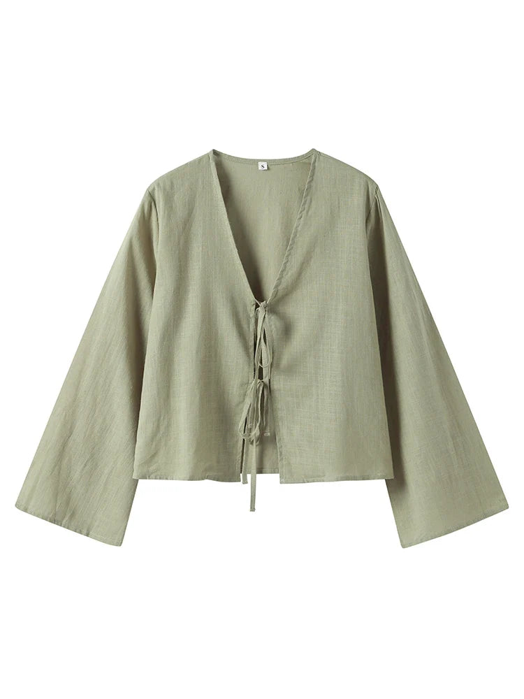 Cotton Linen Lace Up Bow Shirts Women Loose Hollow Out V Neck Long Sleeve Tops - MERGE.DAY.1.FREESTYLE
