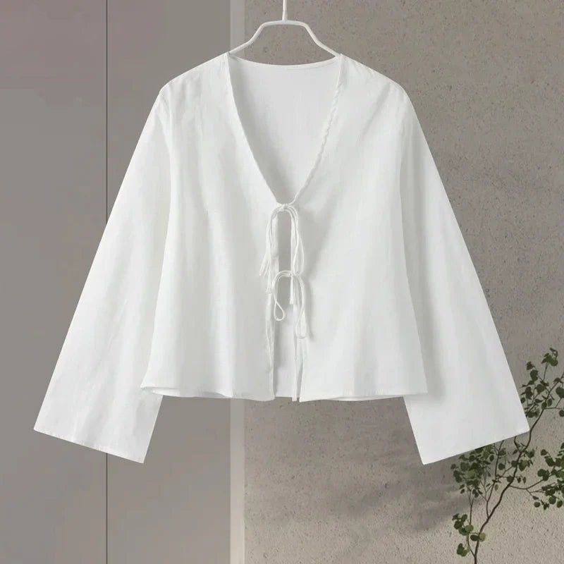 Cotton Linen Lace Up Bow Shirts Women Loose Hollow Out V Neck Long Sleeve Tops - MERGE.DAY.1.FREESTYLE