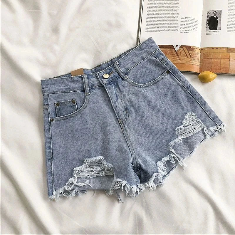 Pocket Tassel Perforated Denim Shorts Female - MERGE.DAY.1.FREESTYLE