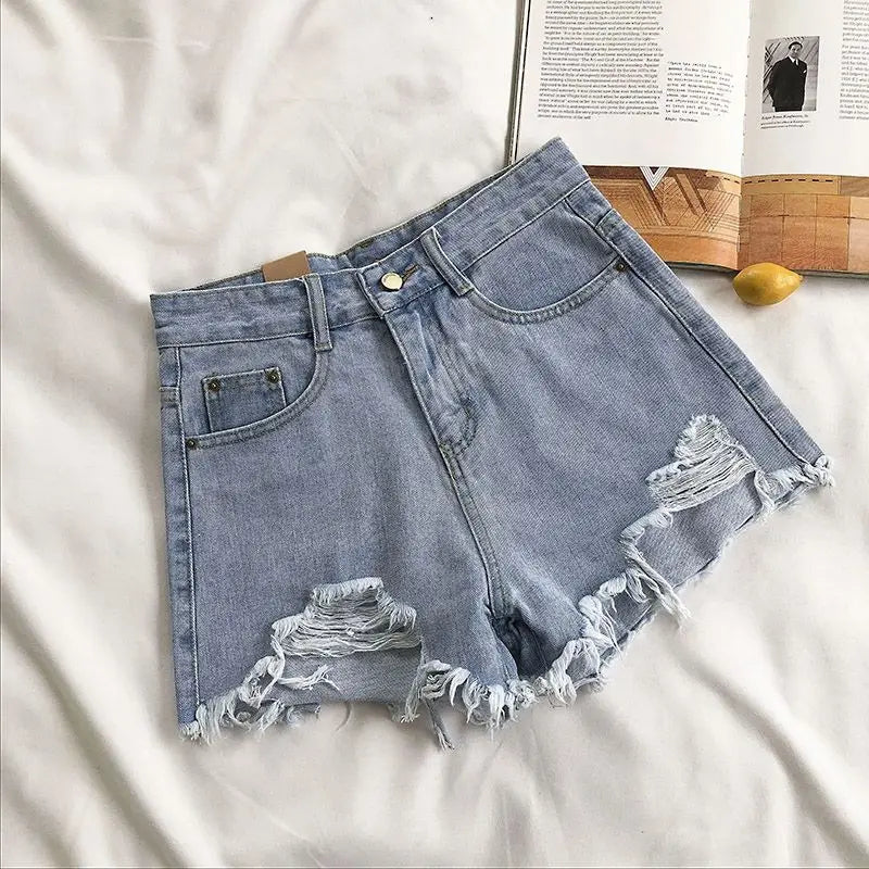 Pocket Tassel Perforated Denim Shorts Female - MERGE.DAY.1.FREESTYLE