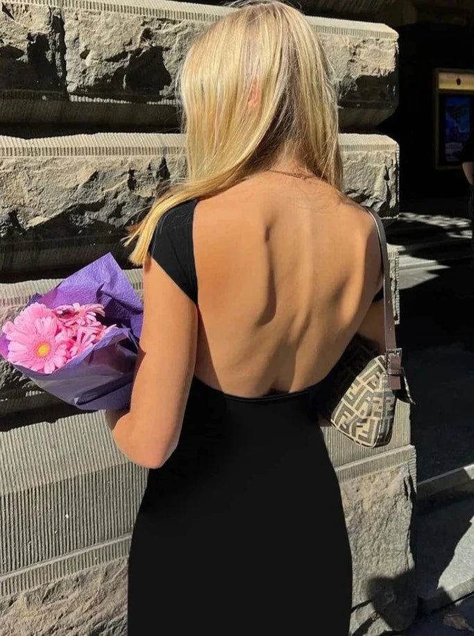 Elegant Short Sleeve Bodycon Maxi Dress O-neck Backless Lady Dresses - MERGE.DAY.1.FREESTYLE