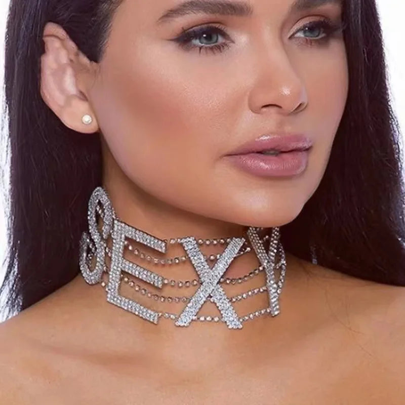 Rhinestone Collar Choker Personality English Letter SEXY Neckchain - MERGE.DAY.1.FREESTYLE