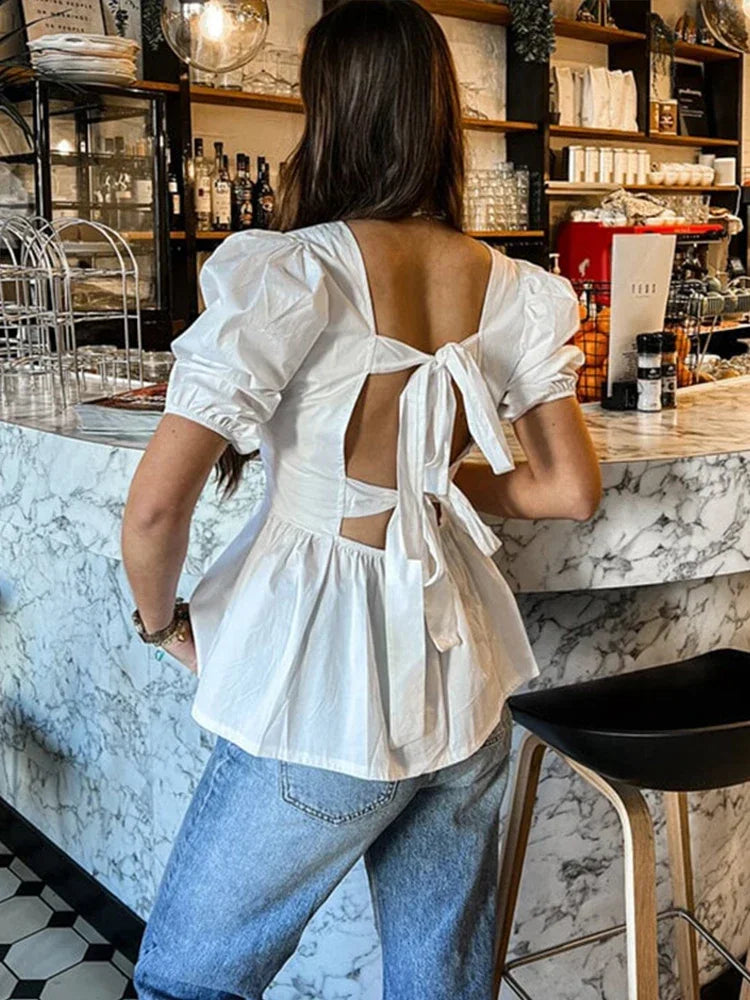 Fashion Backless Short Sleeve Shirts For Women Casual Back Lace Up Tops - MERGE.DAY.1.FREESTYLE