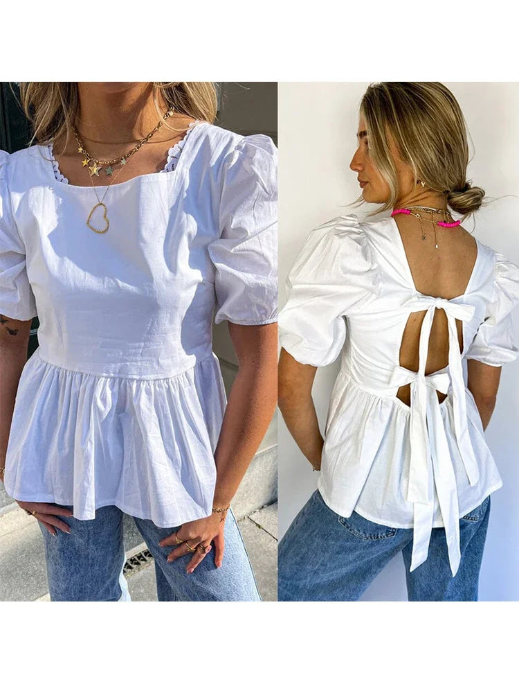 Fashion Backless Short Sleeve Shirts For Women Casual Back Lace Up Tops - MERGE.DAY.1.FREESTYLE