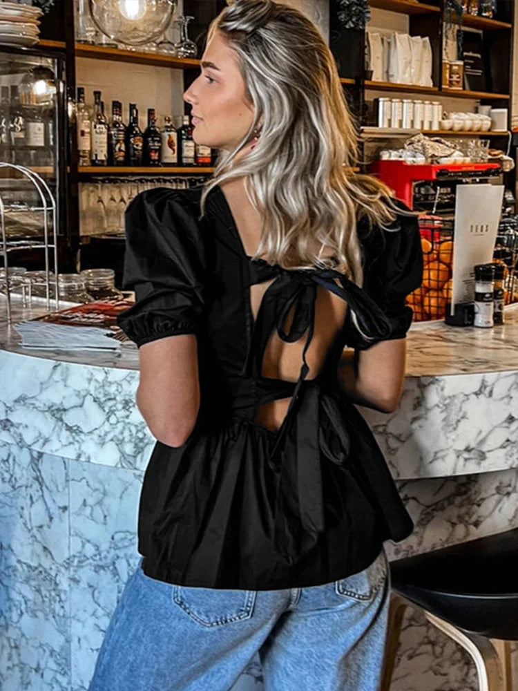 Fashion Backless Short Sleeve Shirts For Women Casual Back Lace Up Tops - MERGE.DAY.1.FREESTYLE