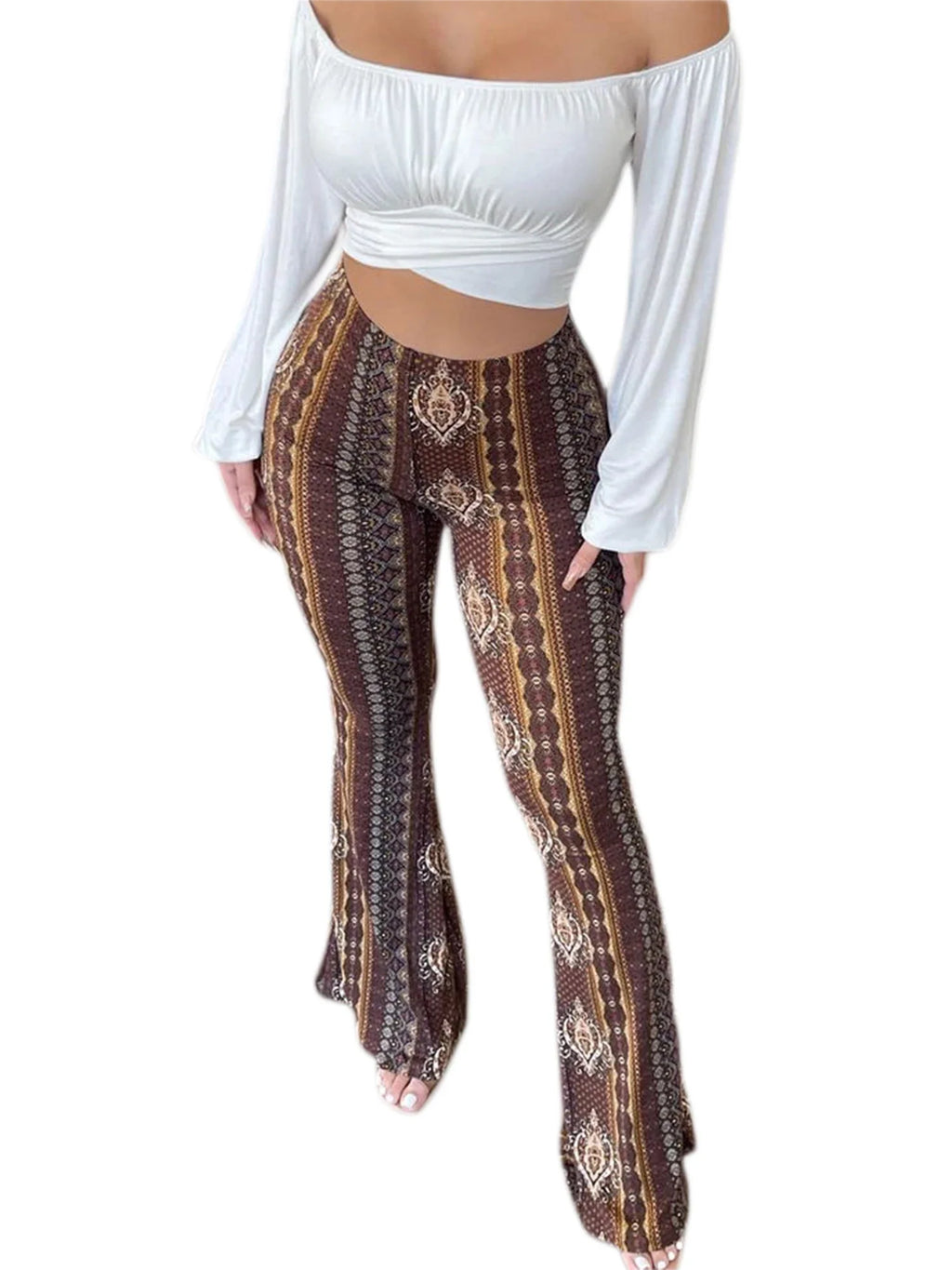 Frauen Boho Flare Pants Ethnic Tribal Print Bell Bottom Yoga Palazzo Hose - MERGE.DAY.1.FREESTYLE