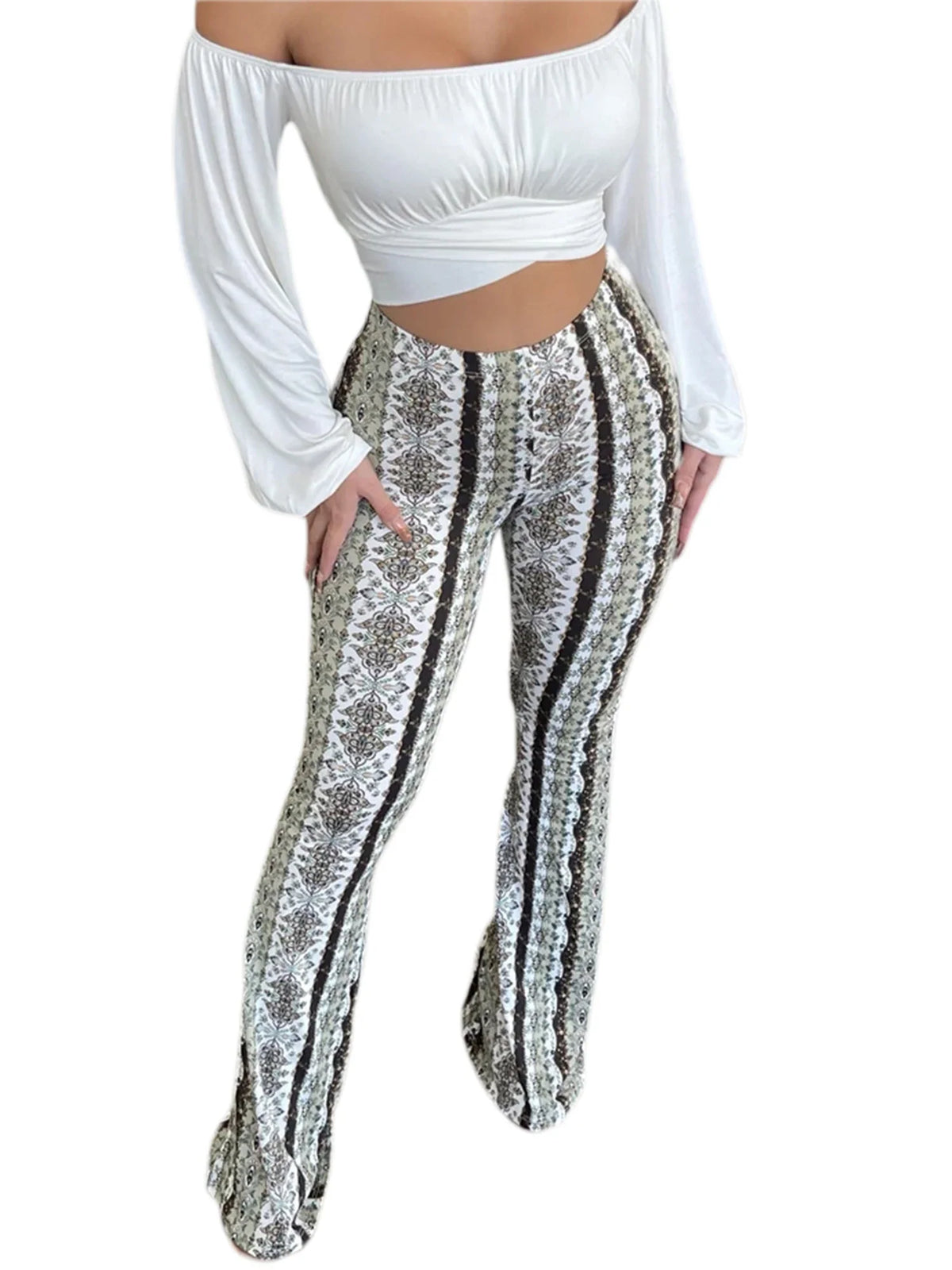 Frauen Boho Flare Pants Ethnic Tribal Print Bell Bottom Yoga Palazzo Hose - MERGE.DAY.1.FREESTYLE