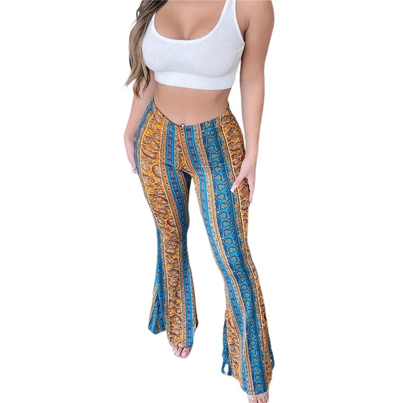 Frauen Boho Flare Pants Ethnic Tribal Print Bell Bottom Yoga Palazzo Hose - MERGE.DAY.1.FREESTYLE