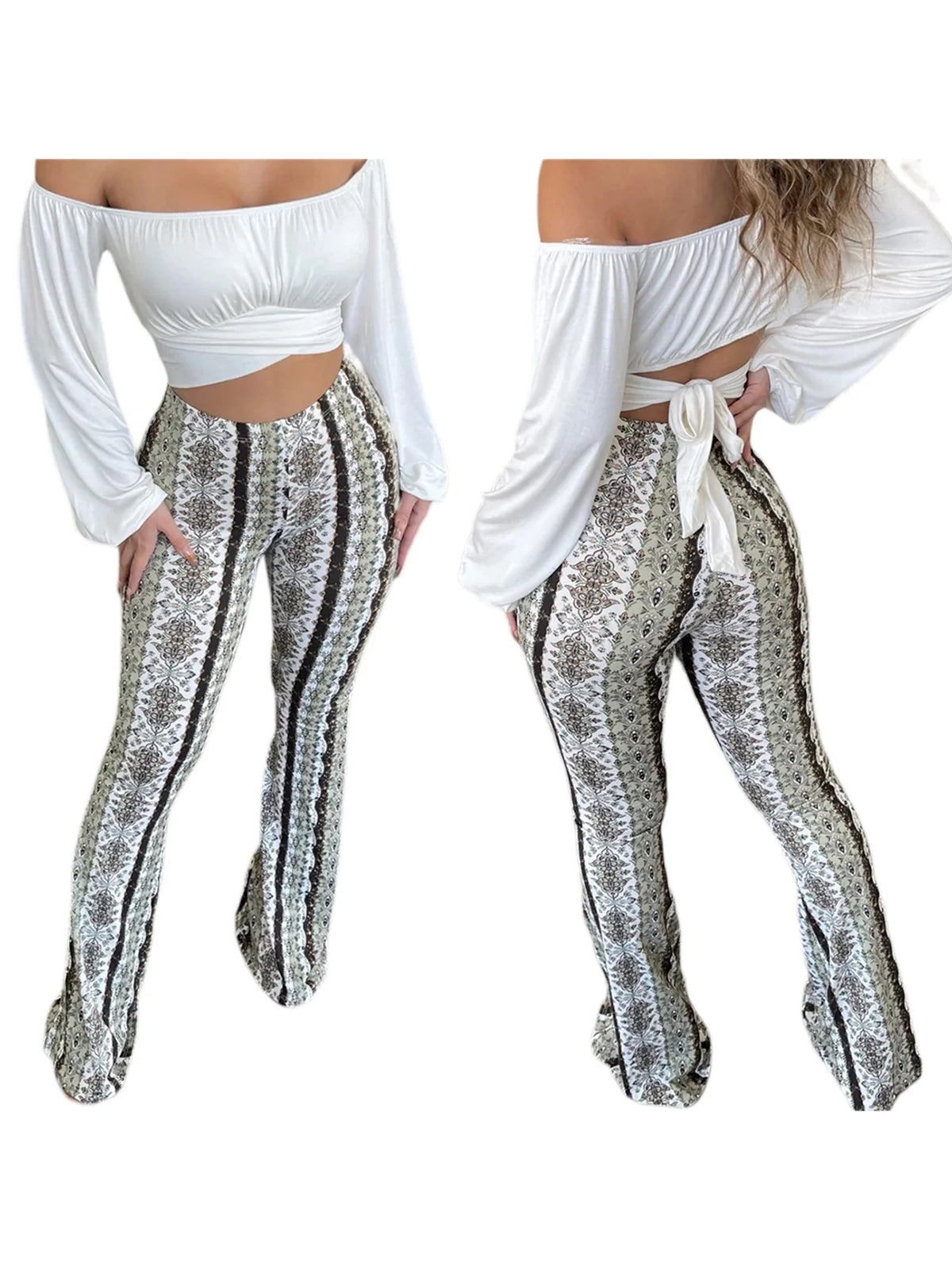 Frauen Boho Flare Pants Ethnic Tribal Print Bell Bottom Yoga Palazzo Hose - MERGE.DAY.1.FREESTYLE