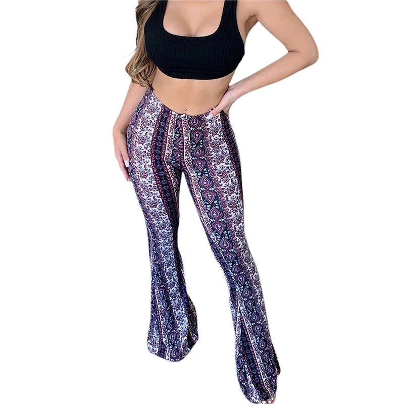 Frauen Boho Flare Pants Ethnic Tribal Print Bell Bottom Yoga Palazzo Hose - MERGE.DAY.1.FREESTYLE