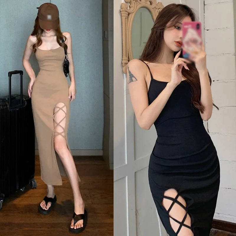 French Slim Fit Split Strap Dress Sleeveless Strap Dress - MERGE.DAY.1.FREESTYLE