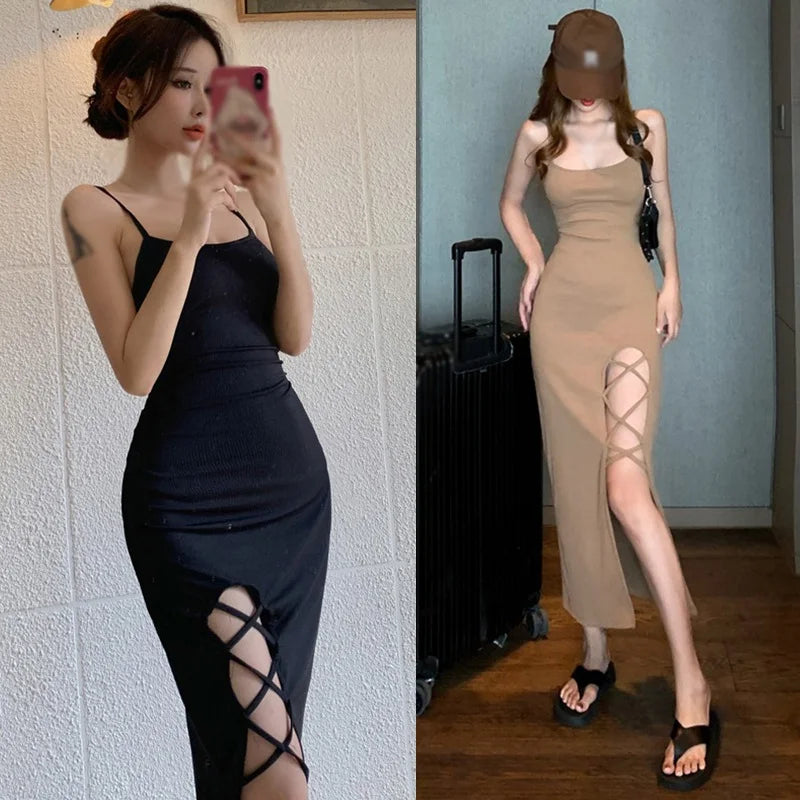 French Slim Fit Split Strap Dress Sleeveless Strap Dress - MERGE.DAY.1.FREESTYLE