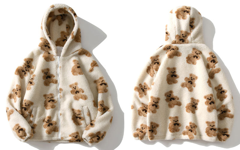 Hip Hop Men Women Fashion Bear Print Full Zip Hooded Coat Tops Outwear - MERGE.DAY.1.FREESTYLE