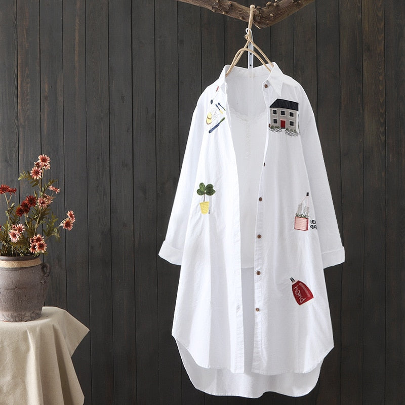 100% Cotton Women White Floral Embroidery Blouse Long Sleeve Turn Down Collar Shirt - MERGE.DAY.1.FREESTYLE