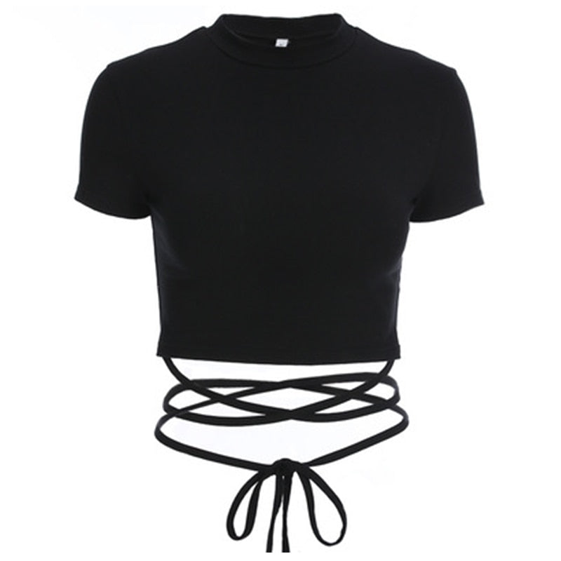 Summer Women Black Short T-Shirts Sexy Crop Tops Short Sleeve Bandage Tee Tops Female Shirts - MERGE.DAY.1.FREESTYLE