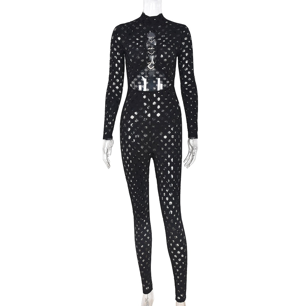 Sexy Hollow Out See Through Long Sleeve Jumpsuits Women Hole Grunge Skinny One Piece Rompers - MERGE.DAY.1.FREESTYLE