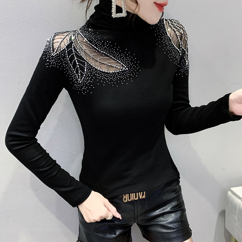 Women's Tops Shirt Casual Turtleneck Long Sleeve Hollow Out Hot Drilling Mesh T-Shirt - MERGE.DAY.1.FREESTYLE