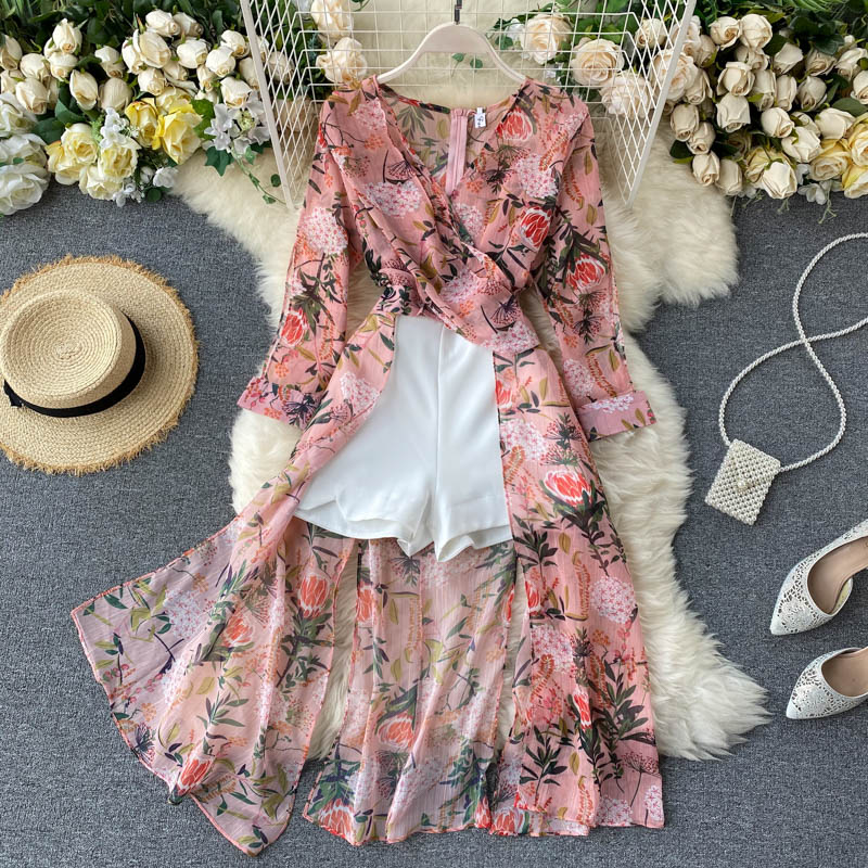 Women Casual Two Piece Set Long Sleeve V Neck Asymmetrical Chiffon Shirt - MERGE.DAY.1.FREESTYLE