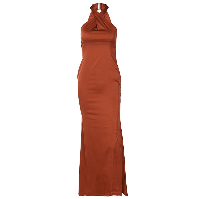 Solid Satin Halter Sleeveless Slim Bodycon Maxi Dress - MERGE.DAY.1.FREESTYLE