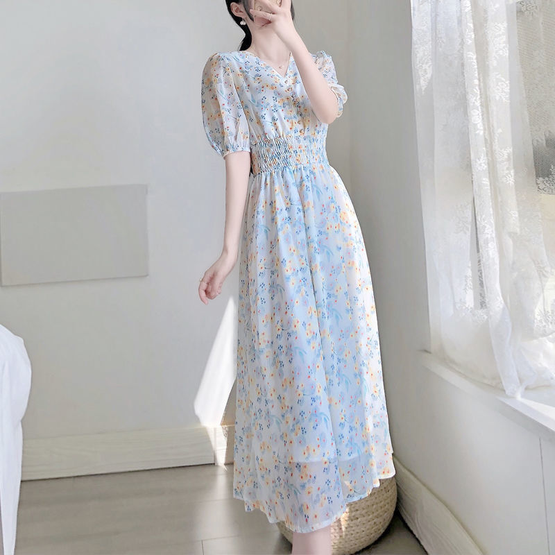 V-neck Chiffon Floral Dress Women Spring Summer Fairy Long Dresses Female - MERGE.DAY.1.FREESTYLE