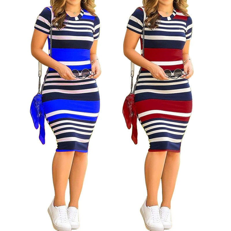 Women Pack Hip Pencil Dress Bodycon Summer Robe Female Striped Vestidos Women Elegant Dress - MERGE.DAY.1.FREESTYLE