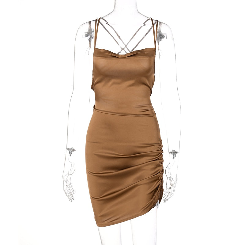 Satin Women Strap Mini Dress Ruched Lace Up Cross Bandage Backless Bodycon Sexy Party Elegant - MERGE.DAY.1.FREESTYLE