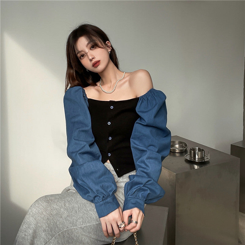 Patchwork Denim Shirts Women French Square Collar Puff Blouses Long Sleeve Crop Tops - MERGE.DAY.1.FREESTYLE